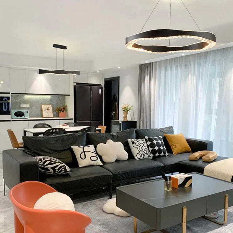 Modern Minimalist Art Wave Crystal Chandelier Suit in Black Finish for Living Room & Dining Room