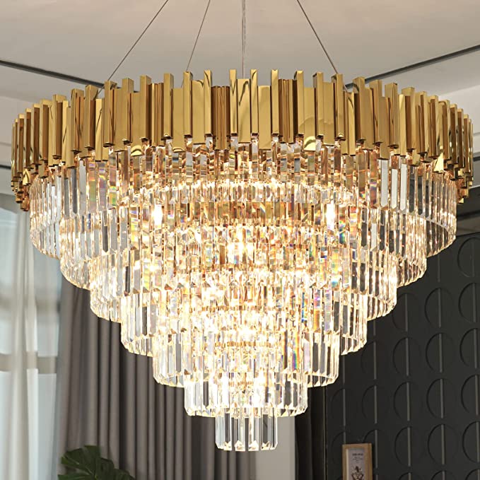 Light Luxury Large Round/Oval Crystal Chandelier for Living Room/Dining Area/Staircase, gold ,black, nickel,tiered