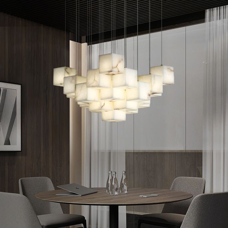 Alabaster Cube Foyer Staircase Long Chandelier 吊灯 rbrights 25-Light