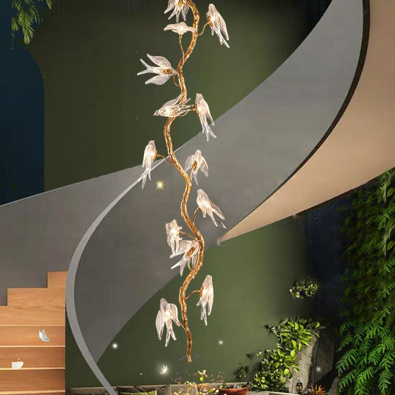Bird Glass Tree Branch Long Staircase Chandelier chandeliers for dining room,chandeliers for stairways,chandeliers for foyer,chandeliers for bedrooms,chandeliers for kitchen,chandeliers for living room Rbrights 17.7" D x 51.2" H  