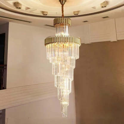 D47.2" * H196" Oversized Customization Vertical Long Crystal 2 Story Foyer Hallway Chandelier Spiral Staircase High Ceiling Lighting Fixture In Black/ Gold Finish