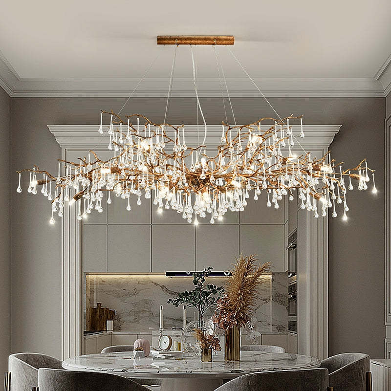 New Style Extra Large Brass Branch Chandelier Light Crystal Drops Pendant Lamp For Living/ Dining Room