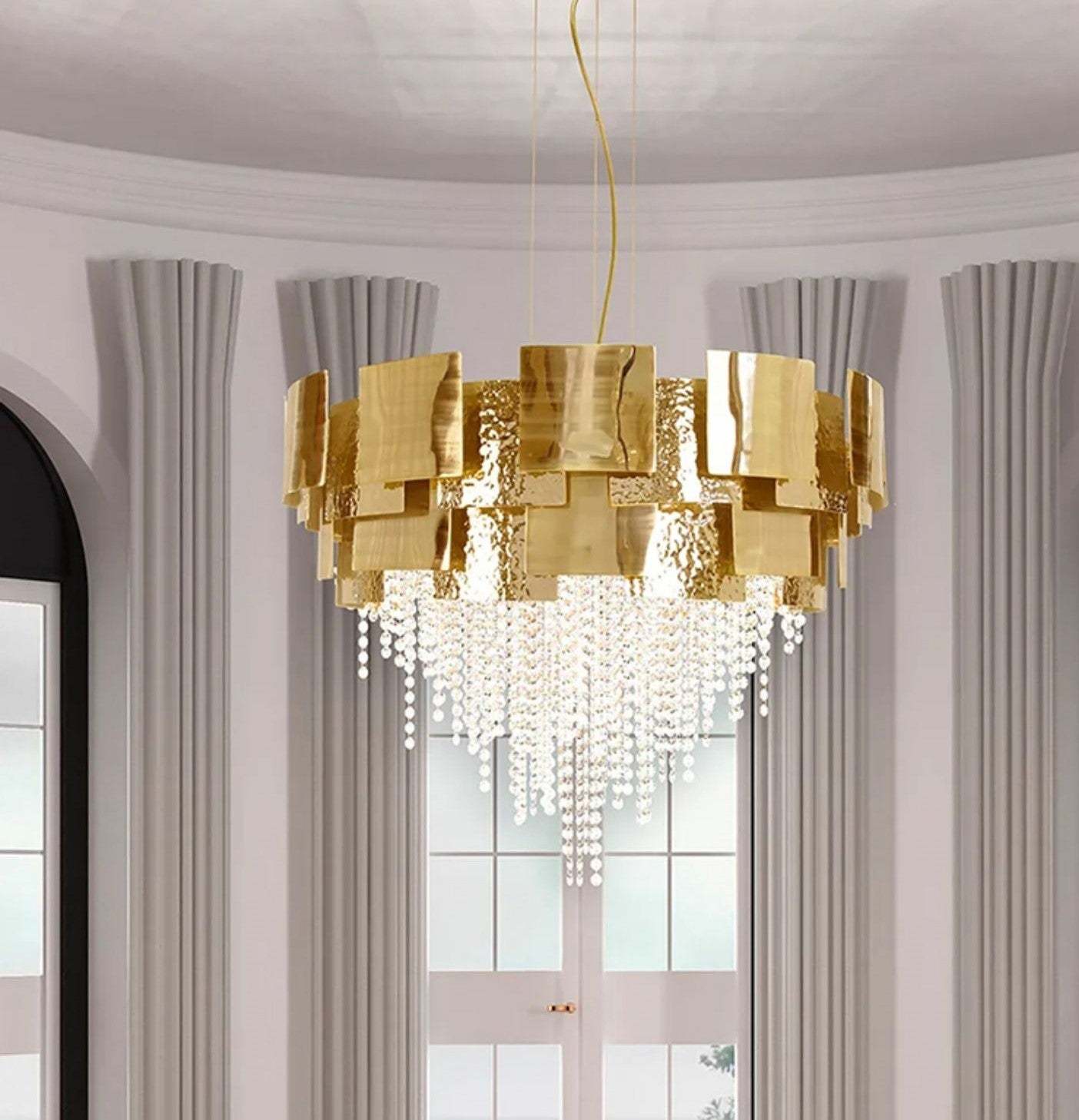 Post-modern Light Luxury Oval/Round Tiered Tassel Crystal Chandelier in Gold Finish for Living/Dining Room