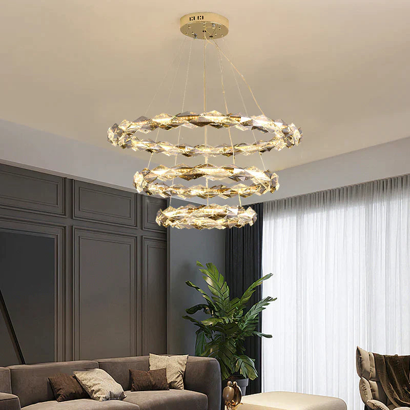round, living room, bedroom, ring, crystal, shining, wreth, tiered, modern, chandelier, gold,
