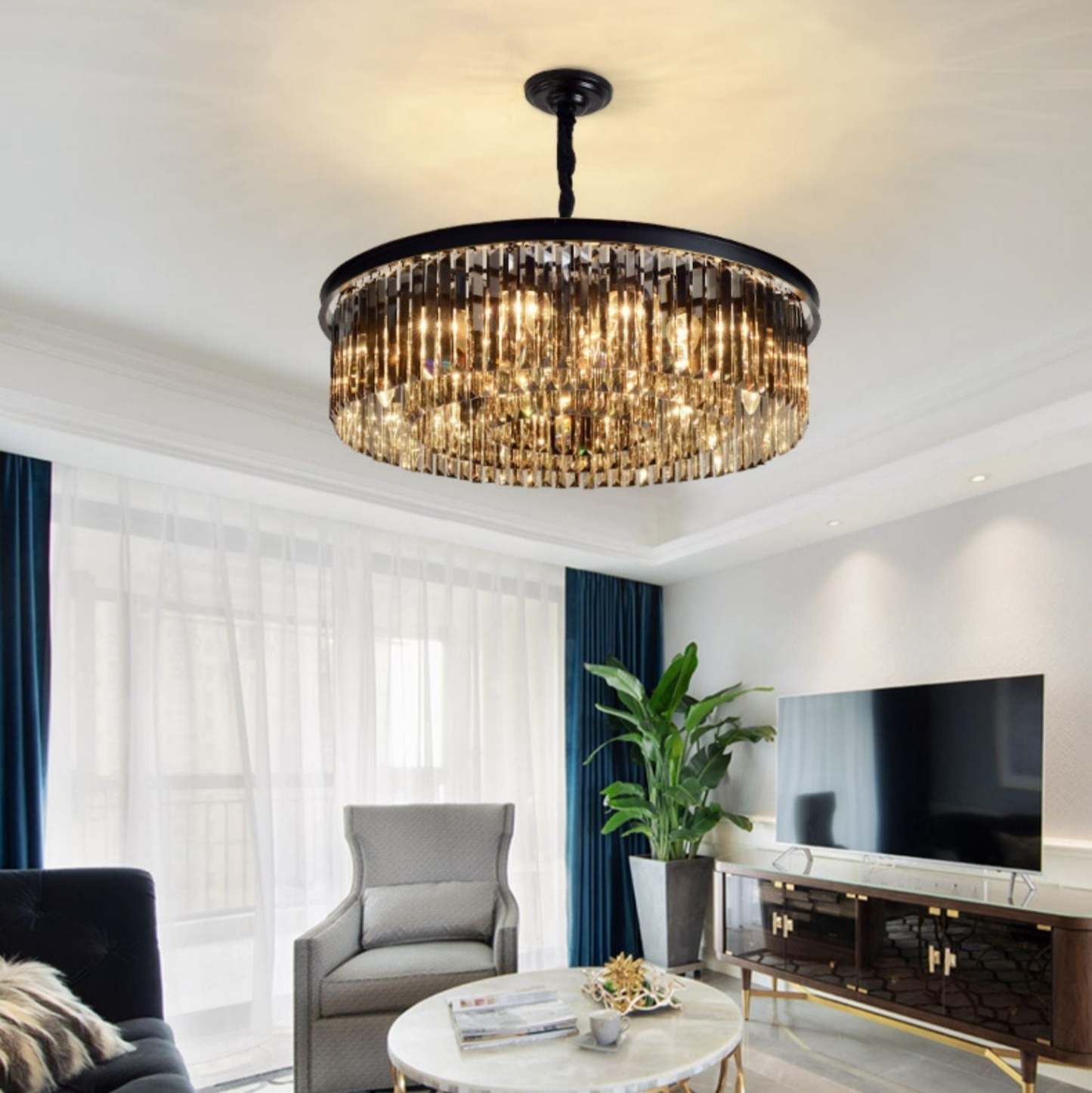 PopularBlackFinish_SmokyGrayRoundCrystalChandelierLivingRoomCeiling_PendantLightD39.4:*H9.8"