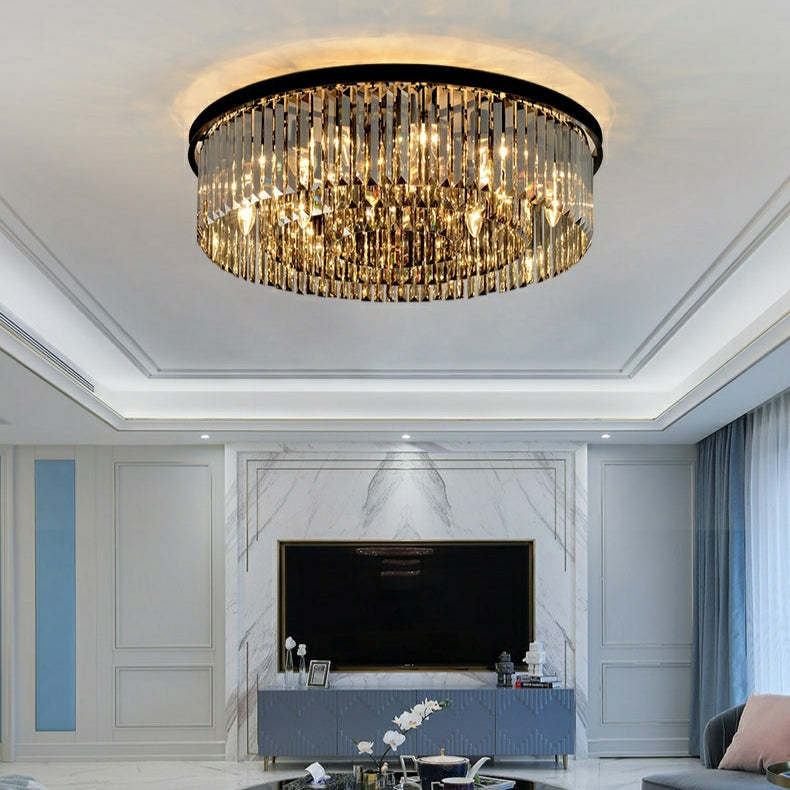 PopularBlackFinish_SmokyGrayRoundCrystalChandelierLivingRoomCeiling_PendantD31.5"*H9.8"