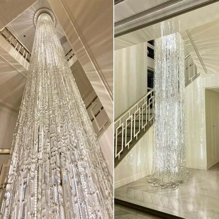 Oversized Silver Crystal Long Ceiling Chandelier Art Designer Column Waterfall Decorative Staircase Light Fixture fringe chrome finish crystal light