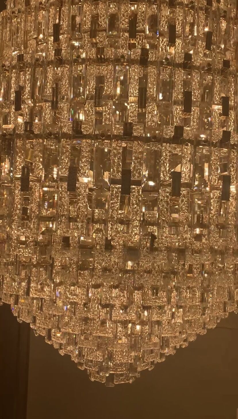 chandelier,foyer, living room, staircase,oversized, extra large, shining, crystal, multi-tiered, golden,luxury