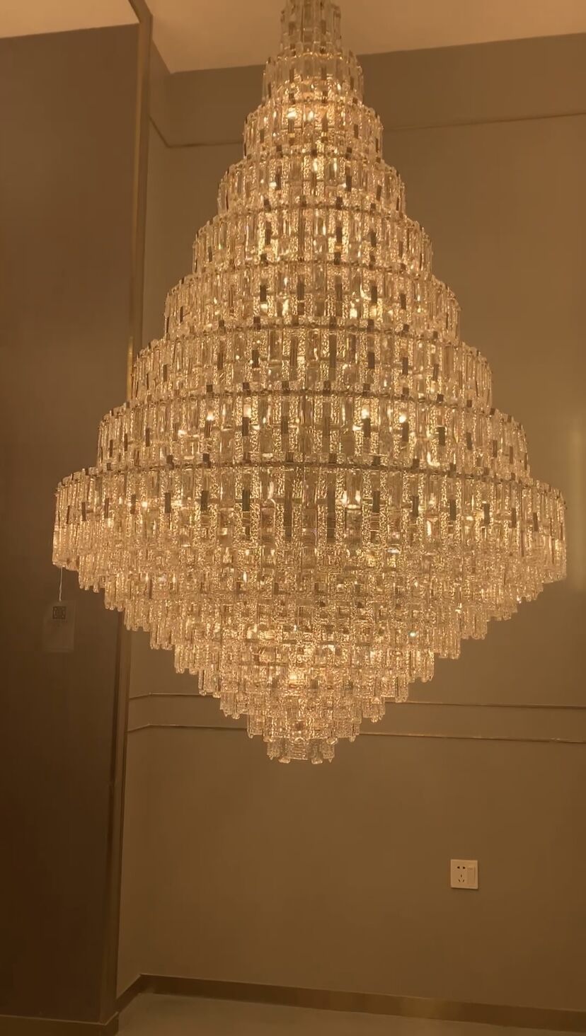 chandelier,foyer, living room, staircase,oversized, extra large, shining, crystal, multi-tiered, golden,luxury