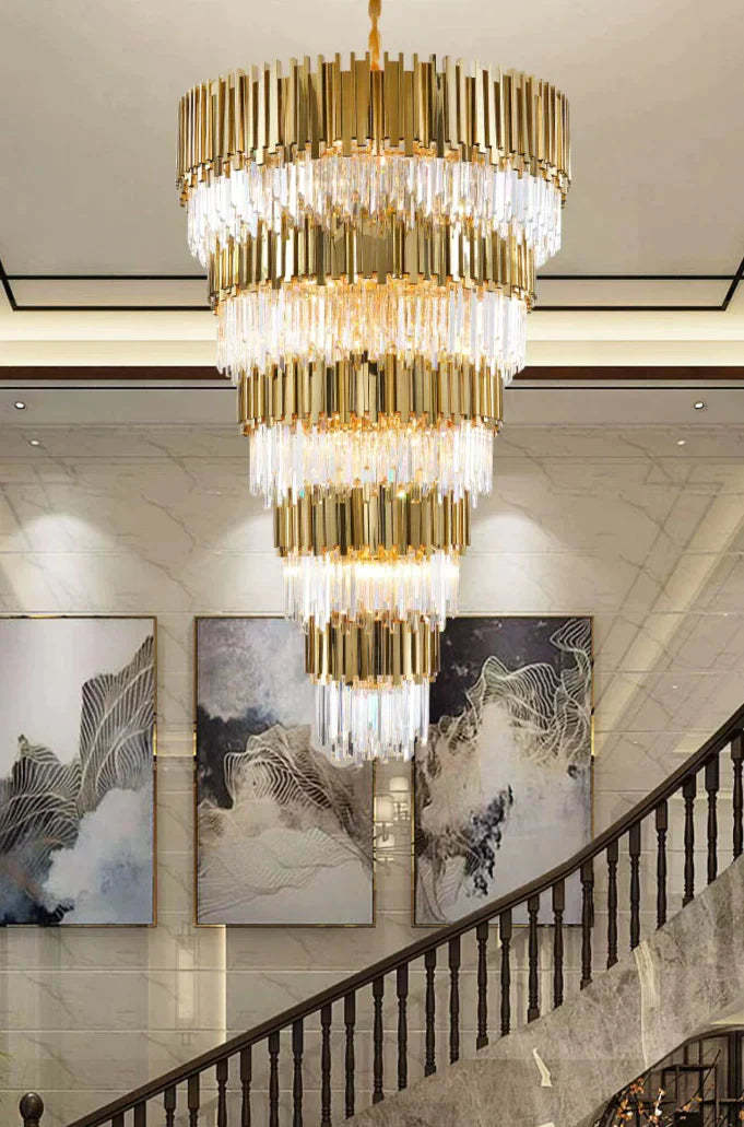 Extra Large Modern Multilayer Pendant Chandelier in Gold Finish Luxury Light Fixture for Large Staircase/Duplex/Hallway/Entryway, gold,noble, empire