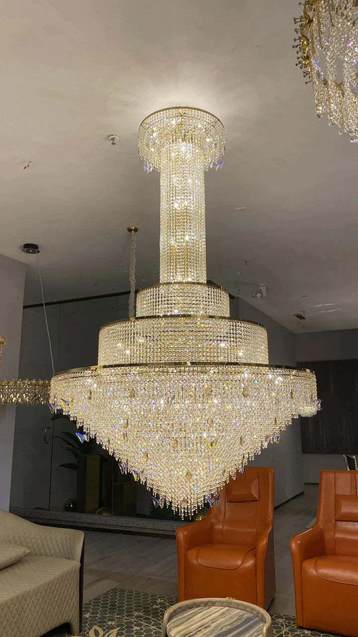 European-style Oversized Luxury Tiered Crystal Chandelier in Gold Finish Art Butterfly Crystal Decorative Light Fixture for Foyer/Staircase, gold,shining, LED,art design