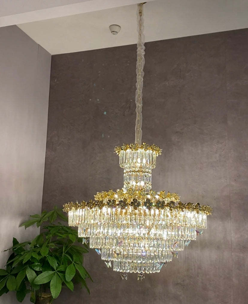 Modern Light Luxury Multi-tiered Round Ctystal Chandelier for Living Room/Staircase/Foyer, gold finish, butterfly ,flower