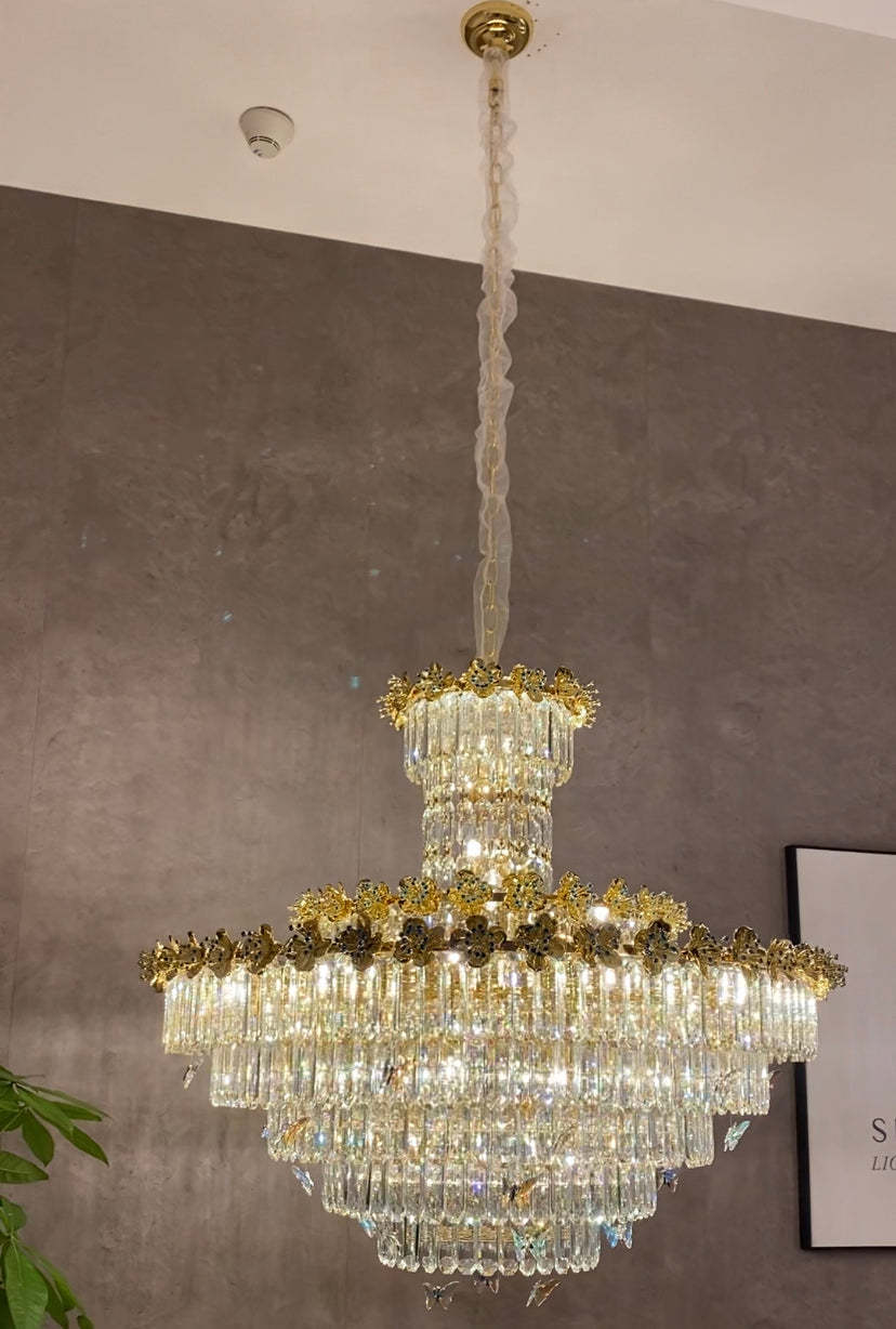 Modern Light Luxury Multi-tiered Round Ctystal Chandelier for Living Room/Staircase/Foyer, gold finish, butterfly ,flower