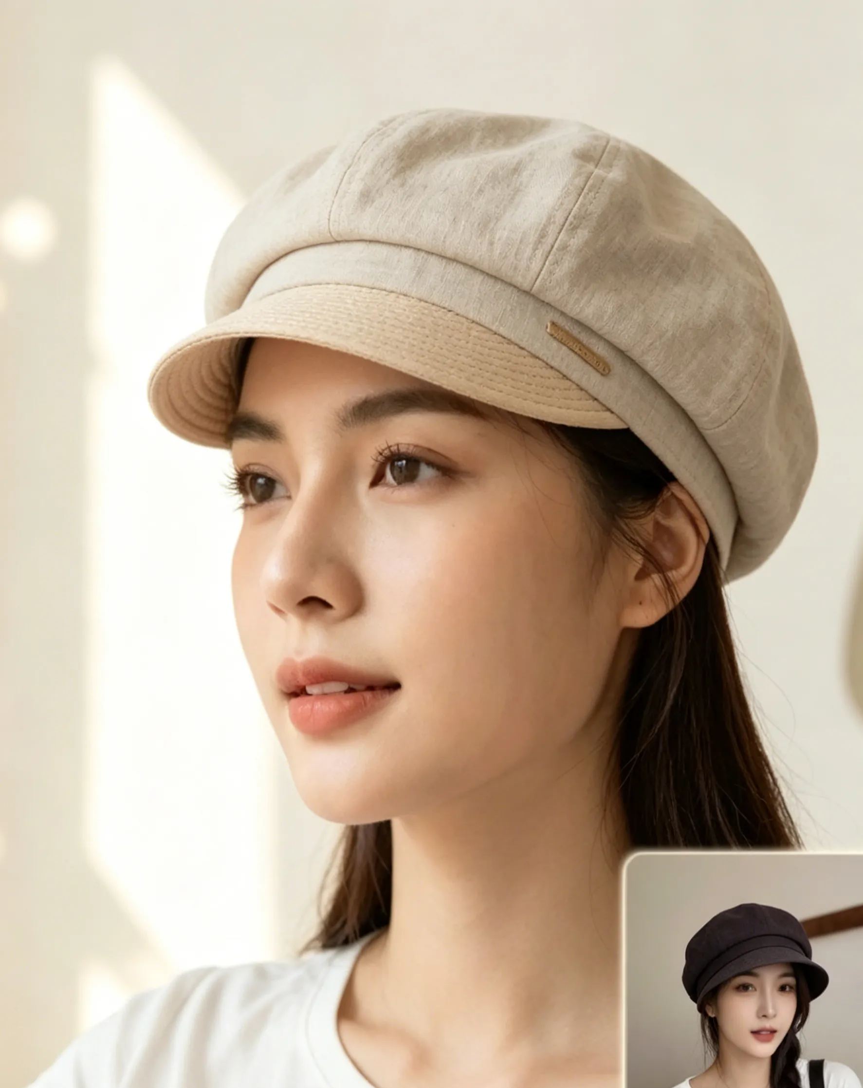 หมวกกันแดดลินินผสมไหม ดีไซน์จับจีบ พร้อมสายผูกโบว์ เรียบหรูสไตล์คุณหนู