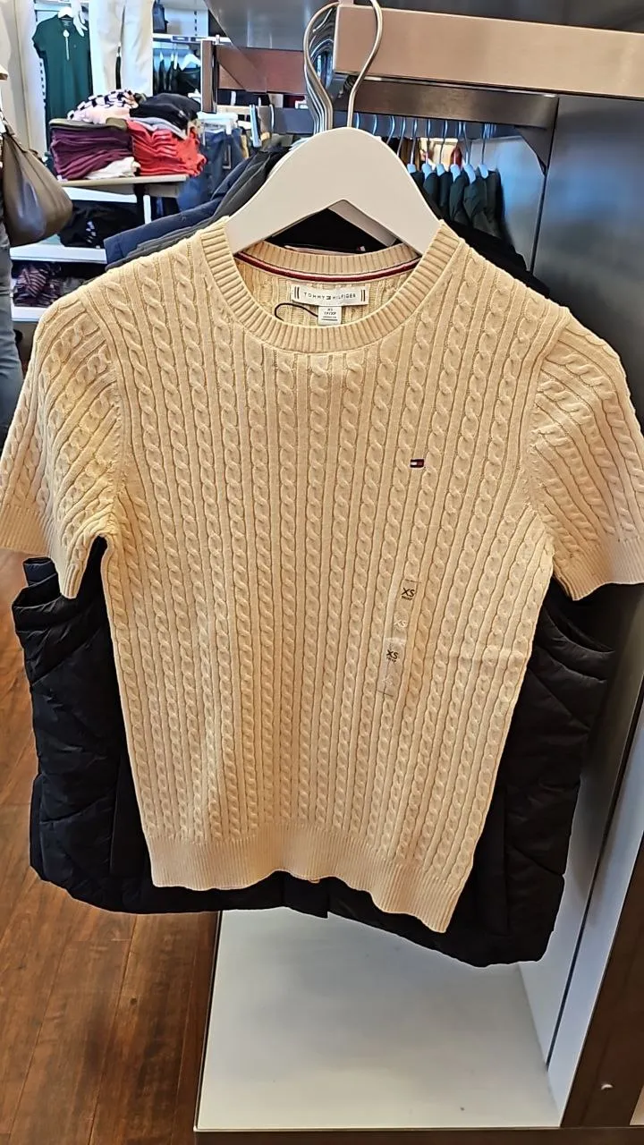 [S] TOMMY HILFIGER CABLE KNIT SHORT SLEEVE SWEATER,BEIGE  (SIN378)