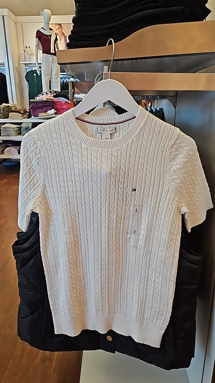 [S] TOMMY HILFIGER CABLE KNIT SHORT SLEEVE SWEATER,IVORY  (SIN379)