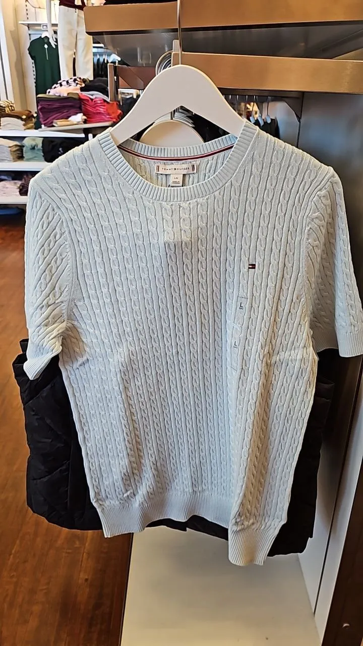 [S] TOMMY HILFIGER CABLE KNIT SHORT SLEEVE SWEATER,LIGHT BLUE  (SIN380)