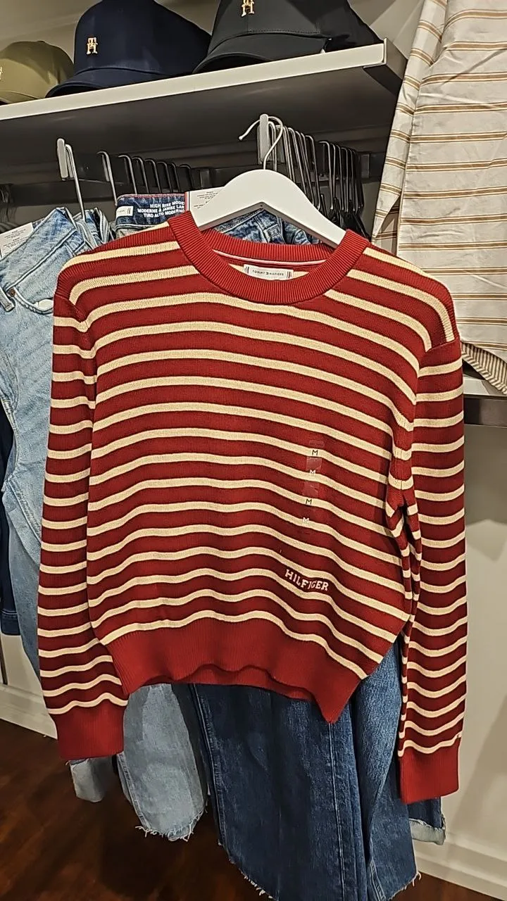 [S] TOMMY HILFIGER MINI STRIPE CREWNECK SWEATER,RED  (SIN383)