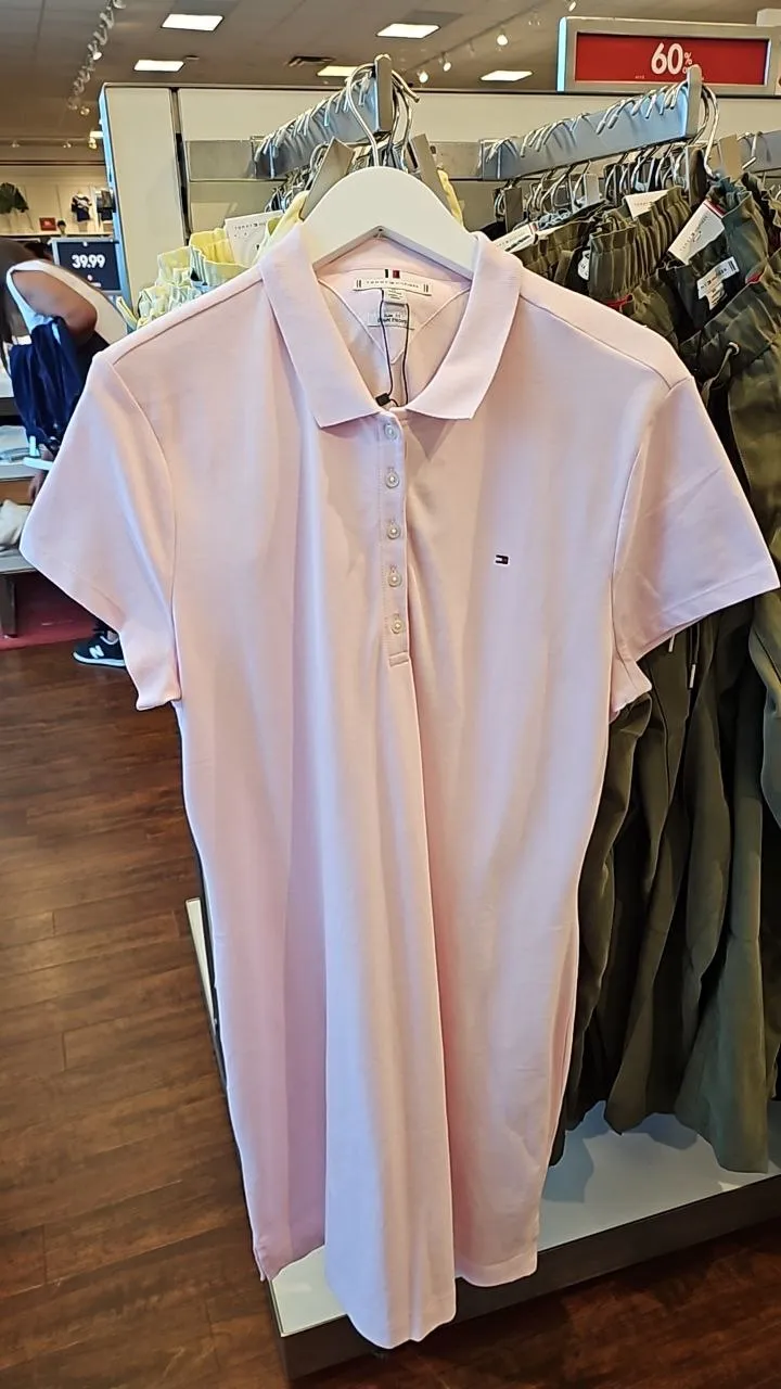 [S] TOMMY HILFIGER WOMENS STRETCH COTTON SLIM FIT POLO DRESS,PINK  (SIN396)
