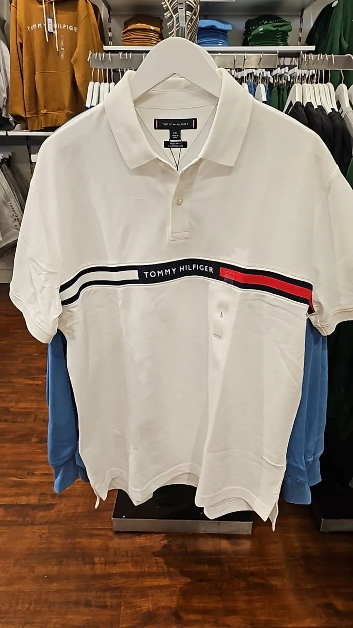 [S] TOMMY HILFIGER REGULAR FIT EMBROIDERED STRIPE POLO,WHITE  (SIN400)