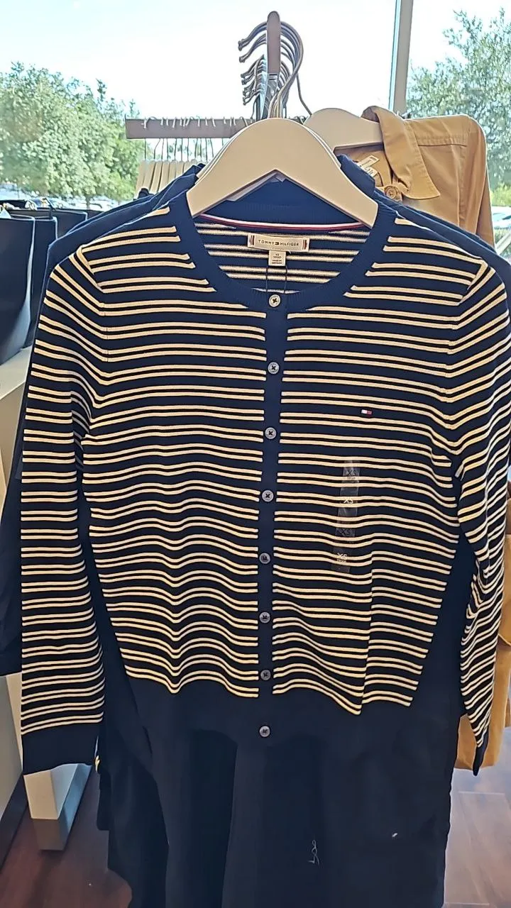 [S] TOMMY HILFIGER STRIPE LIGHT WEIGHT CARDIGAN,BEIGE/NAVY  (SIN411)