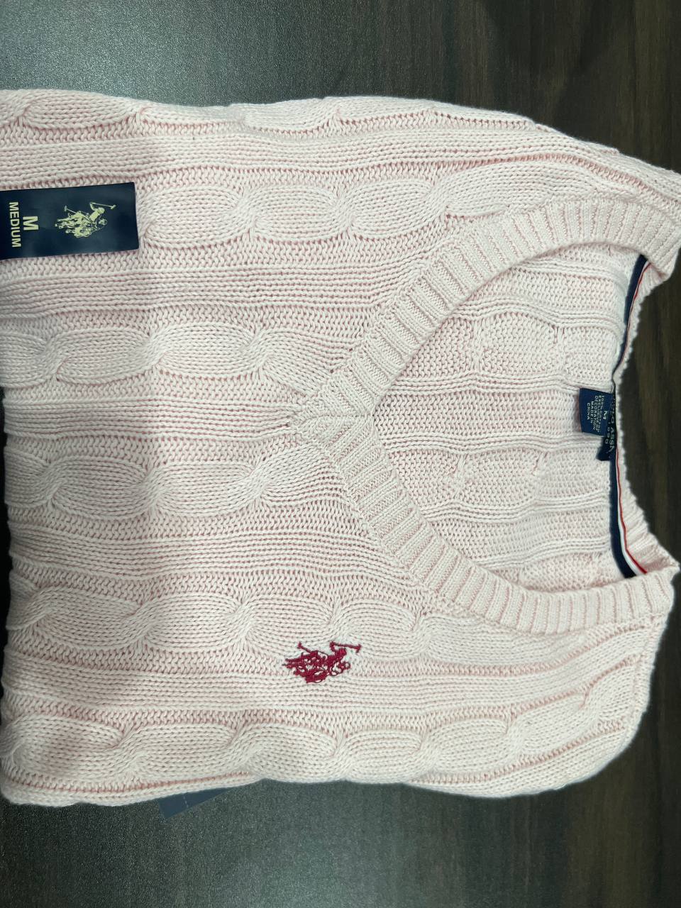 [S] US POLO SMALL LOGO PATCH V-NECK CABLE KNIT CARDIGAN,PINK  (SIN455)