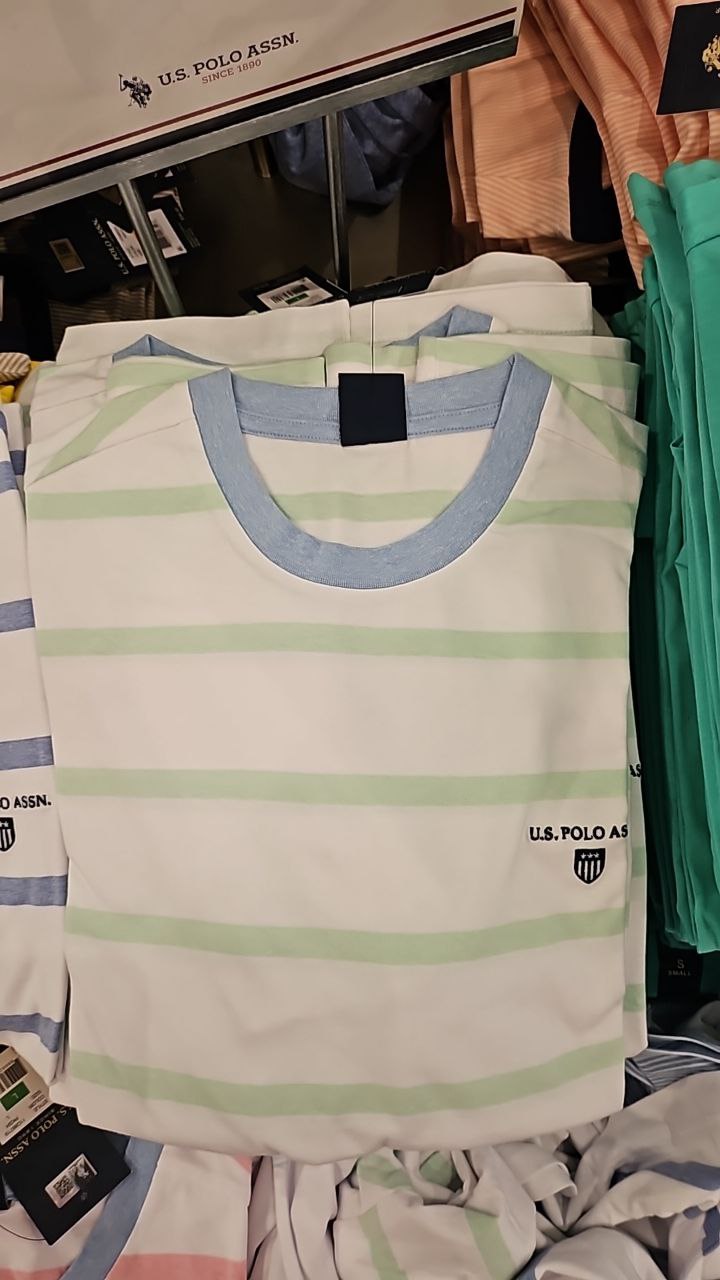 [S] U.S. POLO ASSN. STRIPE ROUND NECK T-SHIRT,BLUE GREEN  (SIN762)