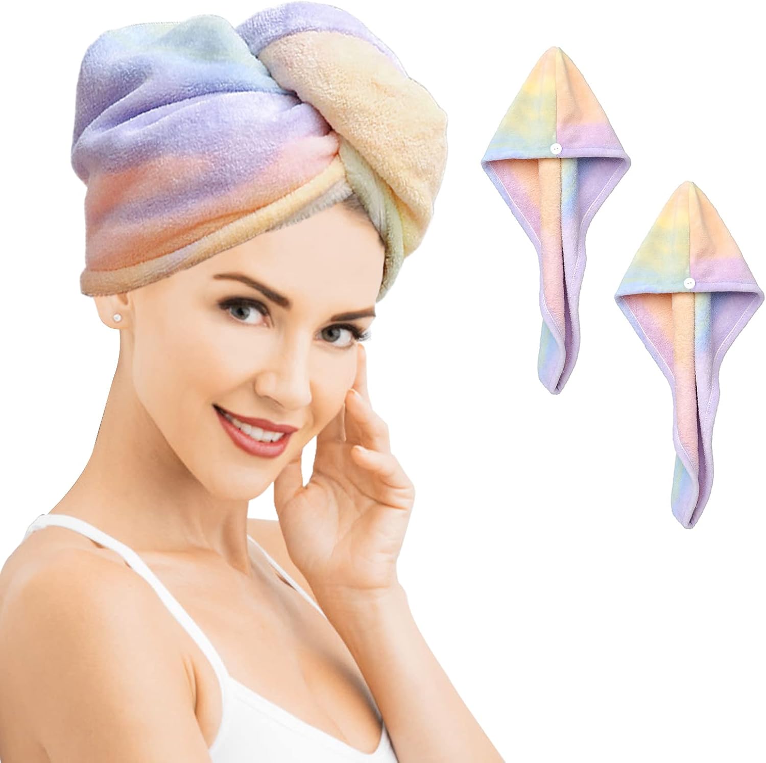 QKTYB Paquete de 2 toallas de microfibra para el cabello, de secado rápido, súper absorbentes, turbante de secado con botón, gorro de pelo seco para mujeres y niñas, 65 x 25 cm