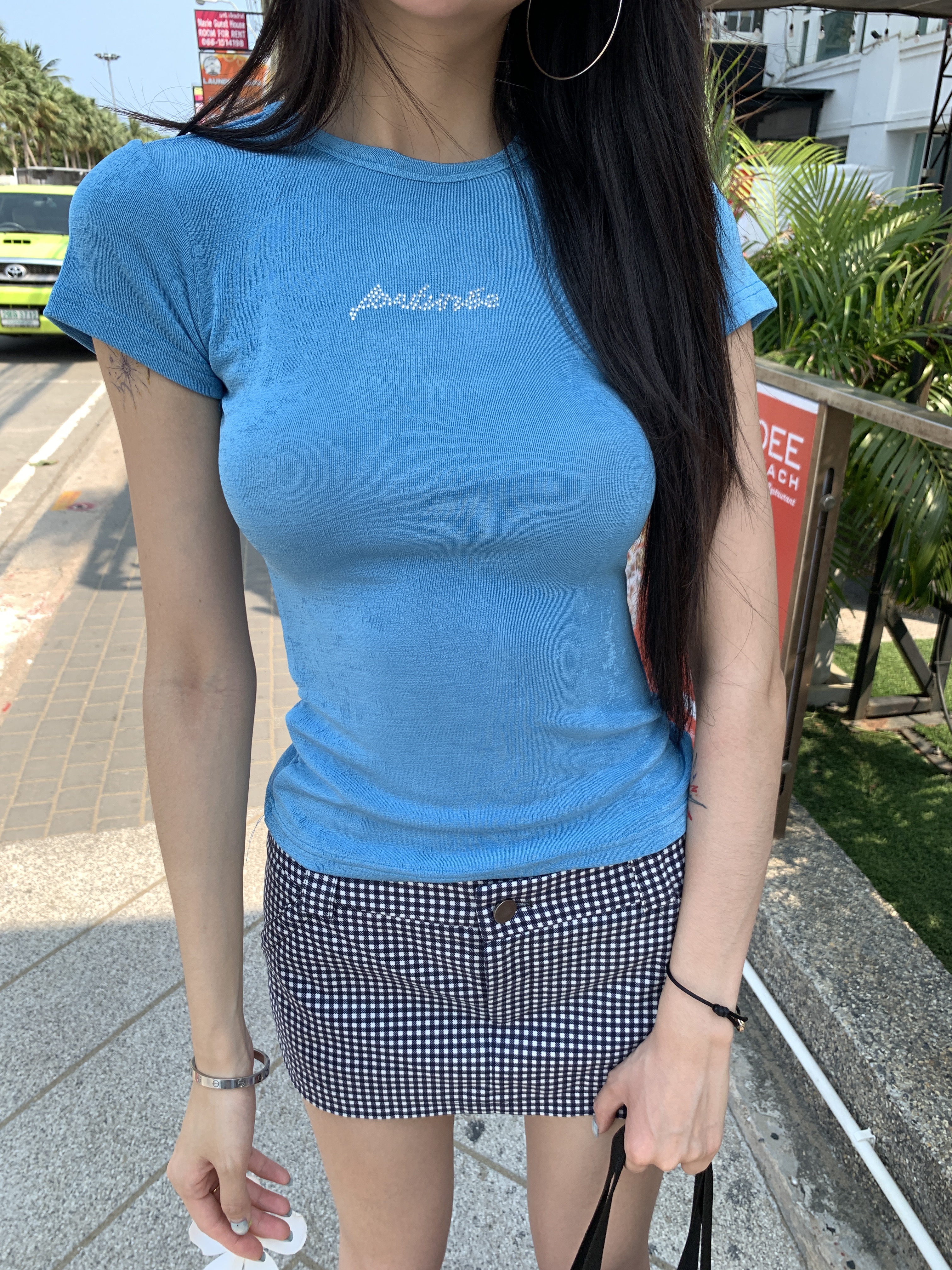 Women's Red and Blue Short Sleeve T-Shirt, Straight Shoulder, Letter Diamond Pattern, Slim Fit T-Shirt