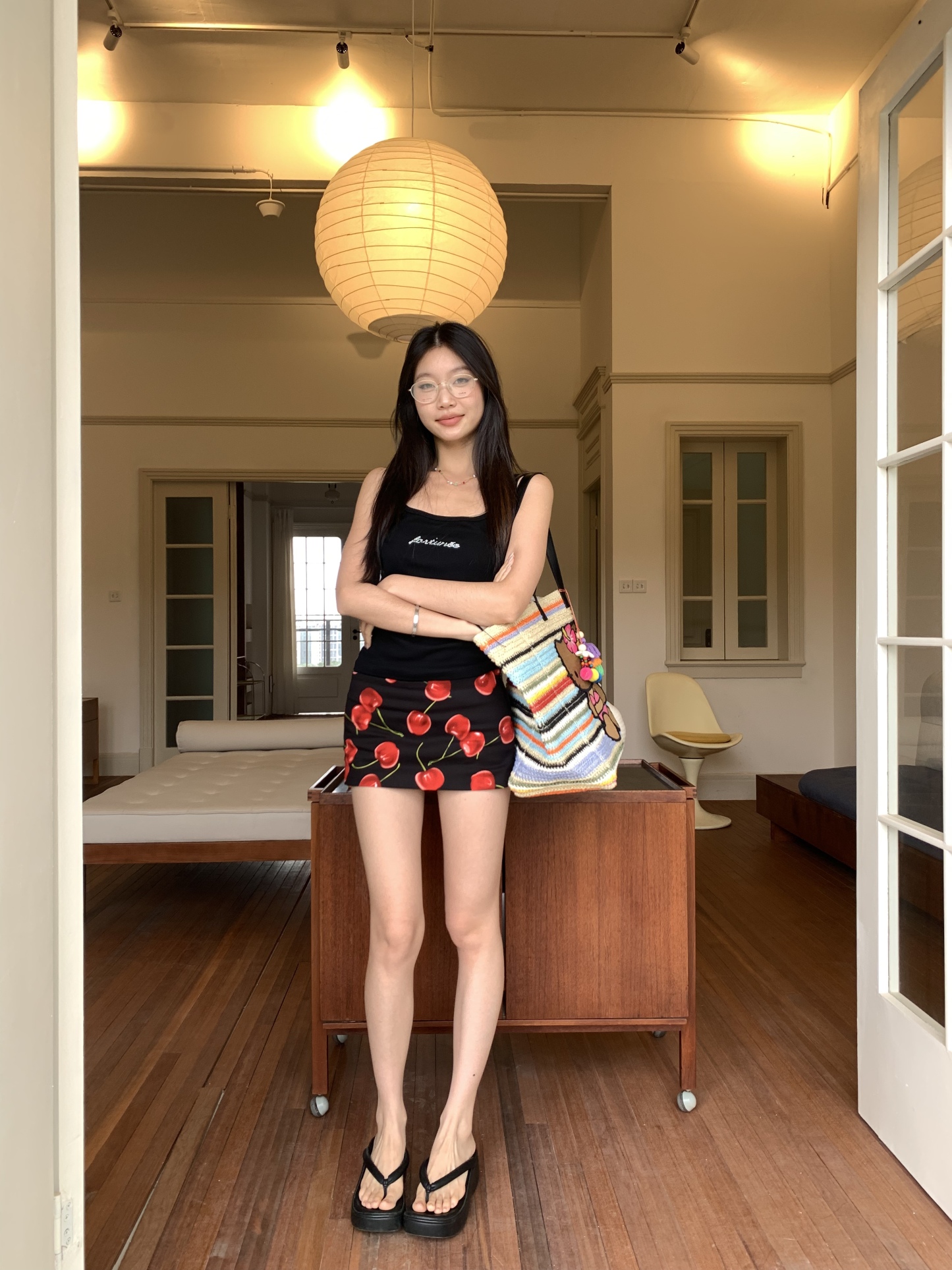 Red cherry print mini skirt, low waist style 