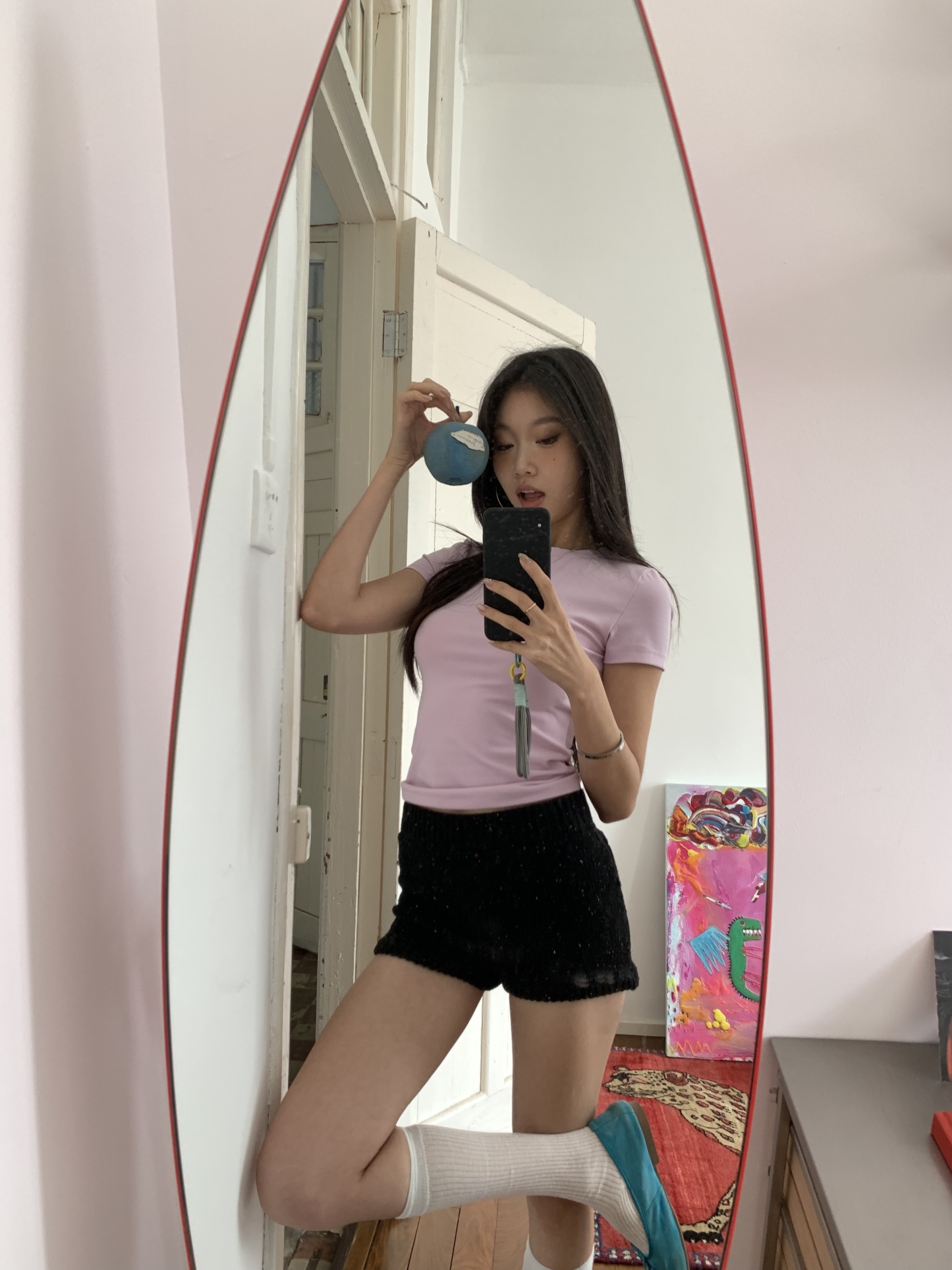 Pink-purple short-sleeved T-shirt, stretchy, slim fit