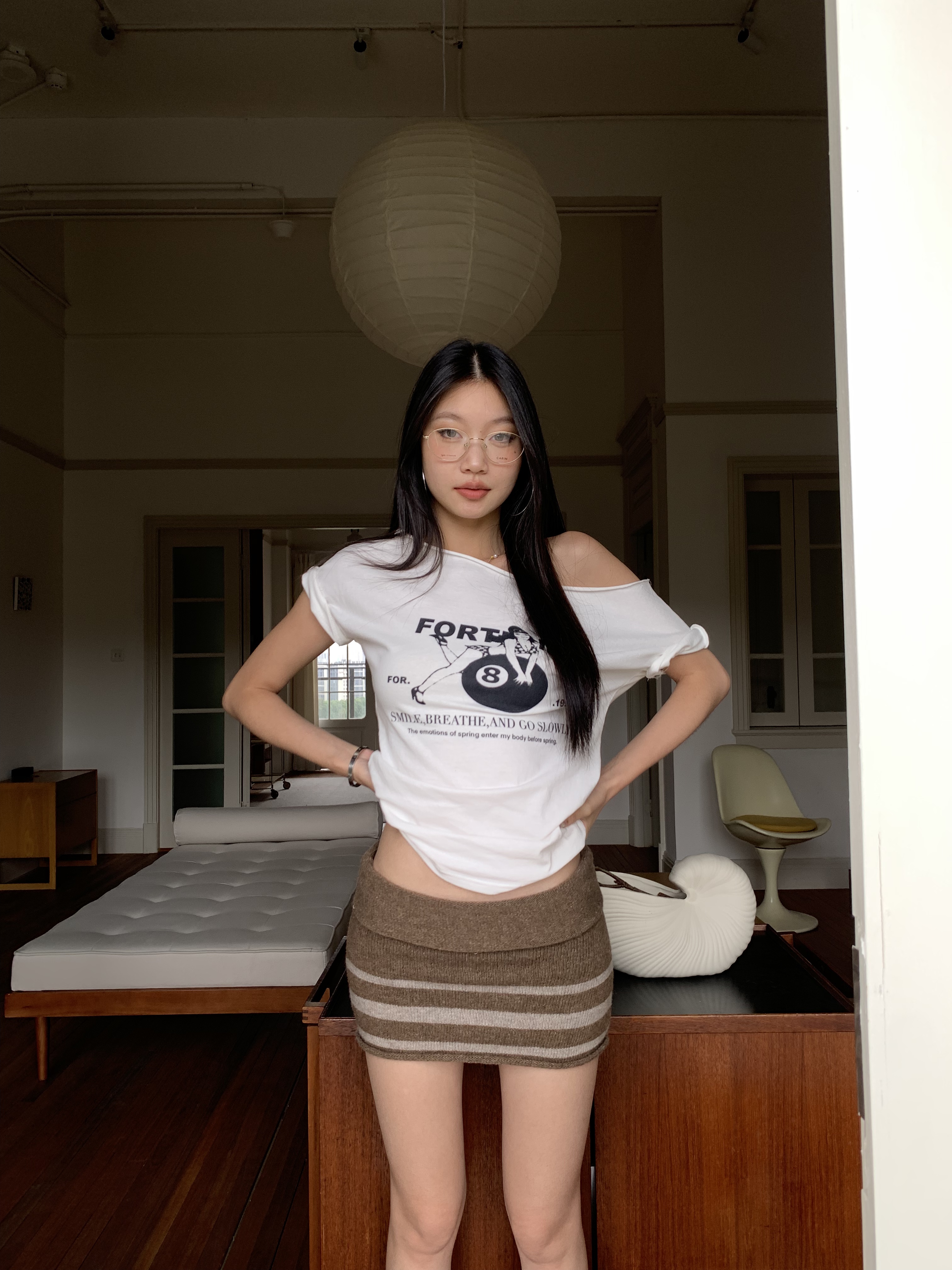 Casual style cute printed off-shoulder short-sleeved white T-shirt