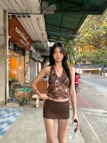 Sexy cafe color low waist slim fit skirt