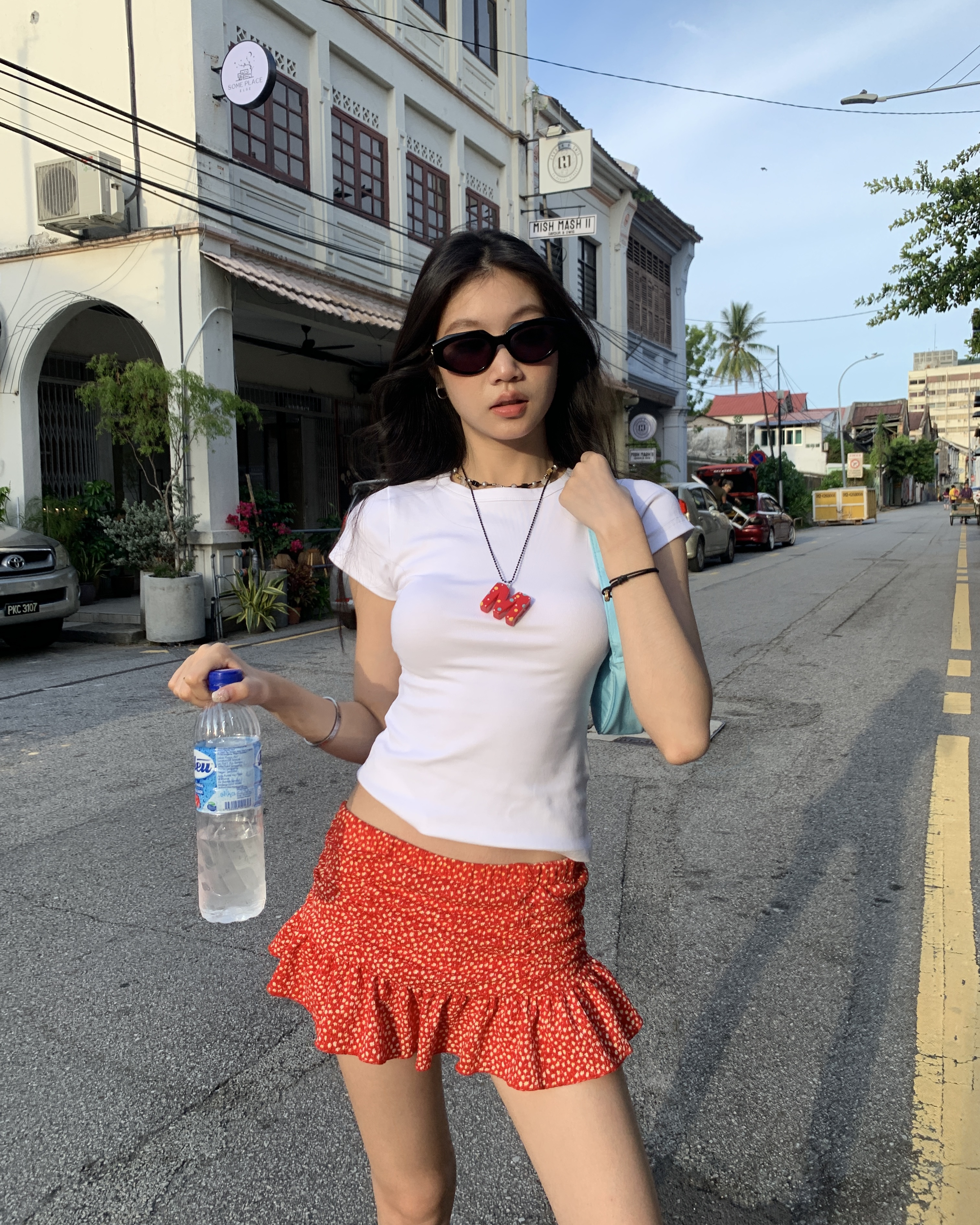 Red floral mini skirt