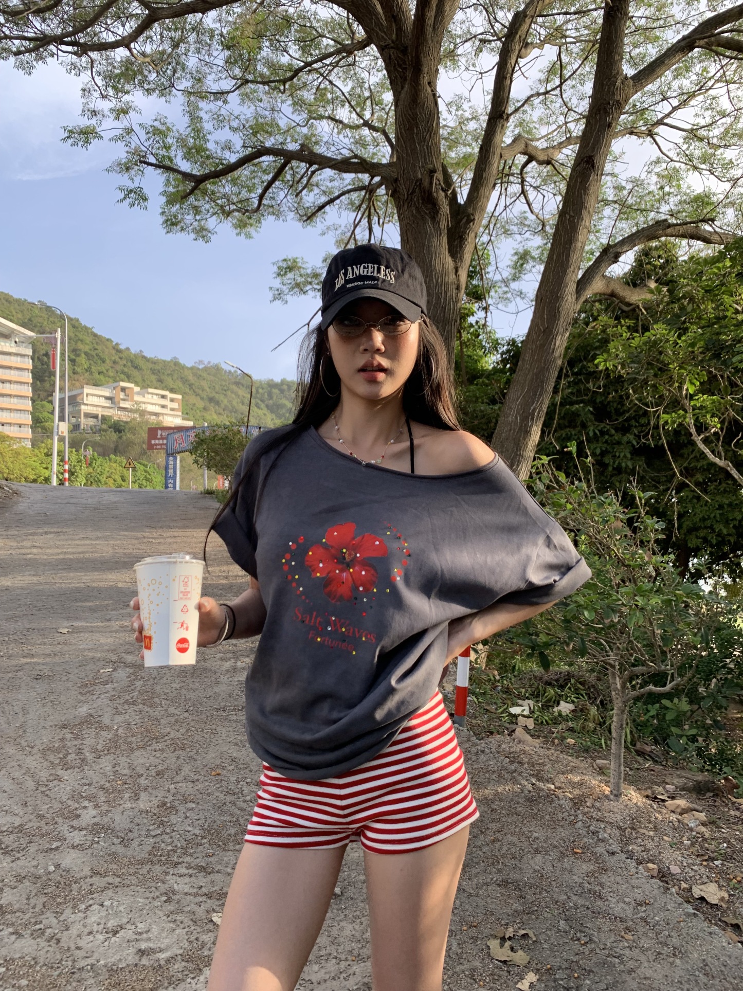 Red striped low-waist shorts