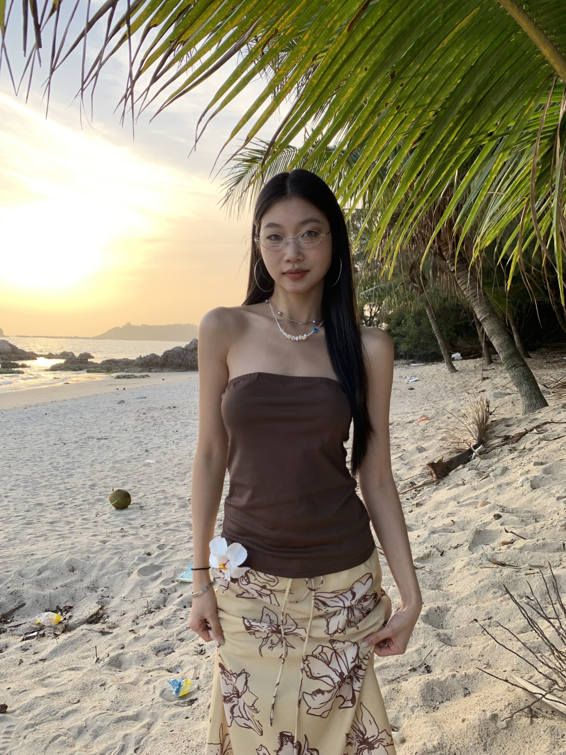 A-line long skirt with drawstring, chic floral pattern