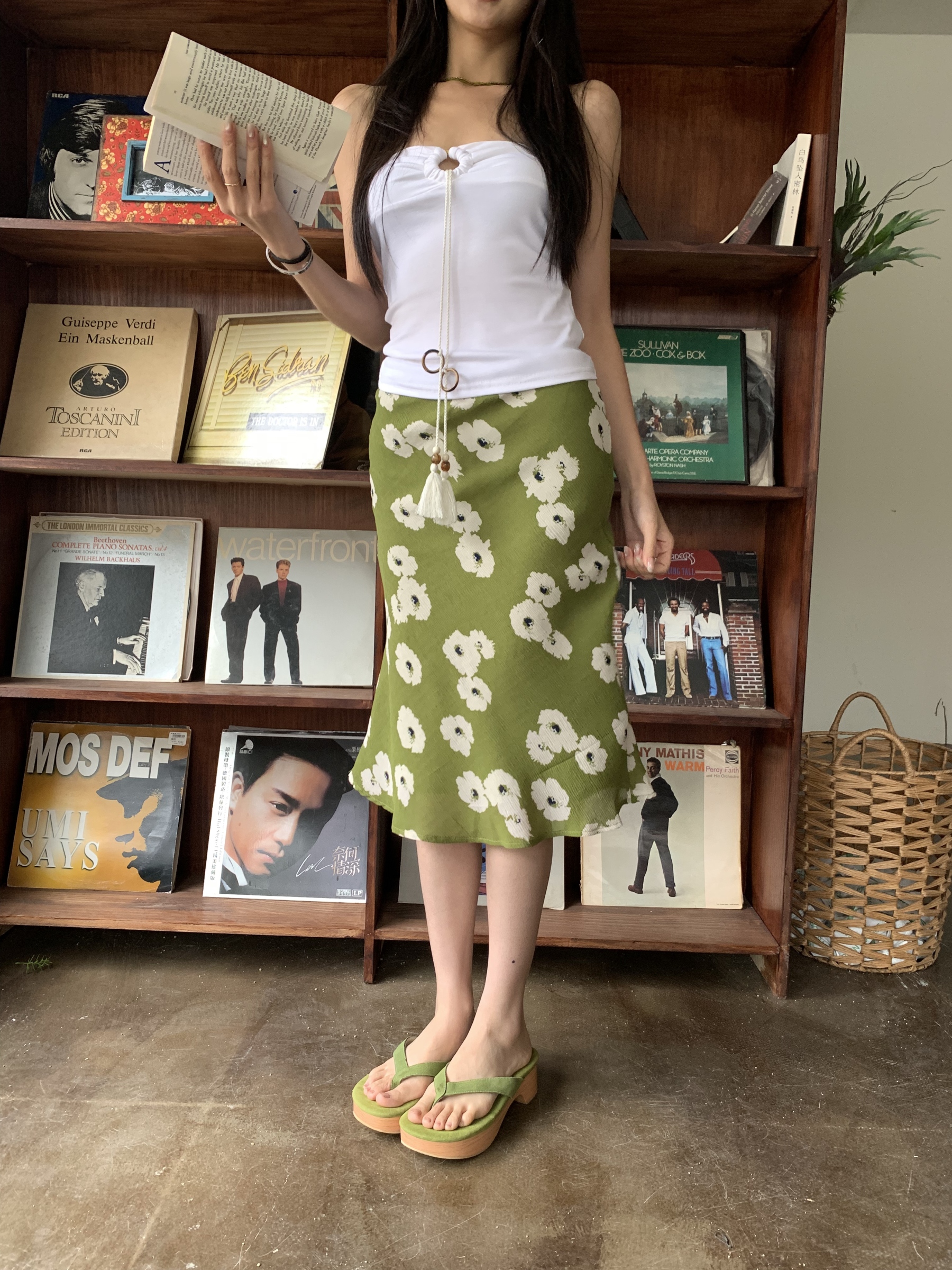 Green mermaid skirt with floral print