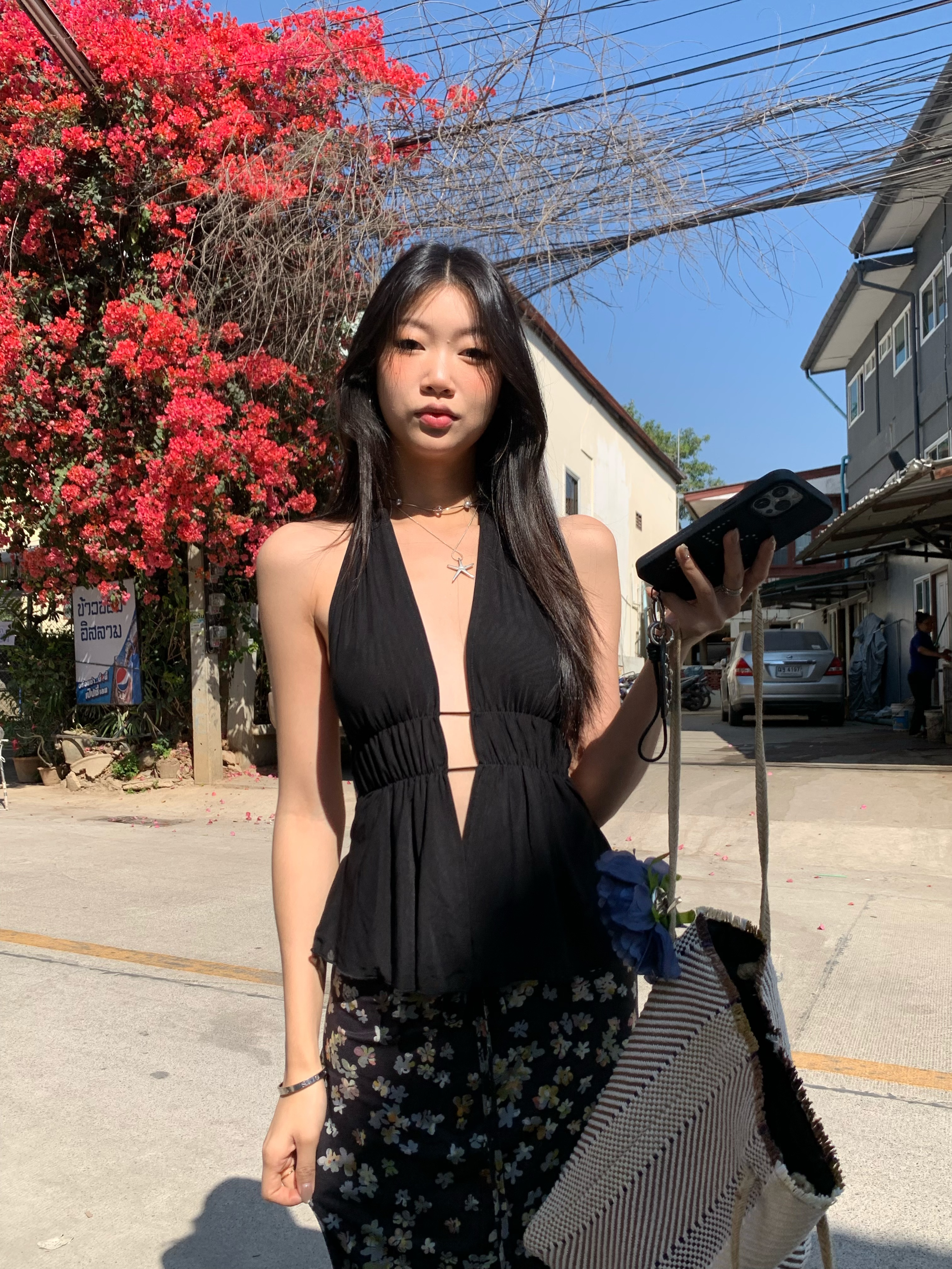 Black halter neck open back sleeveless crop top