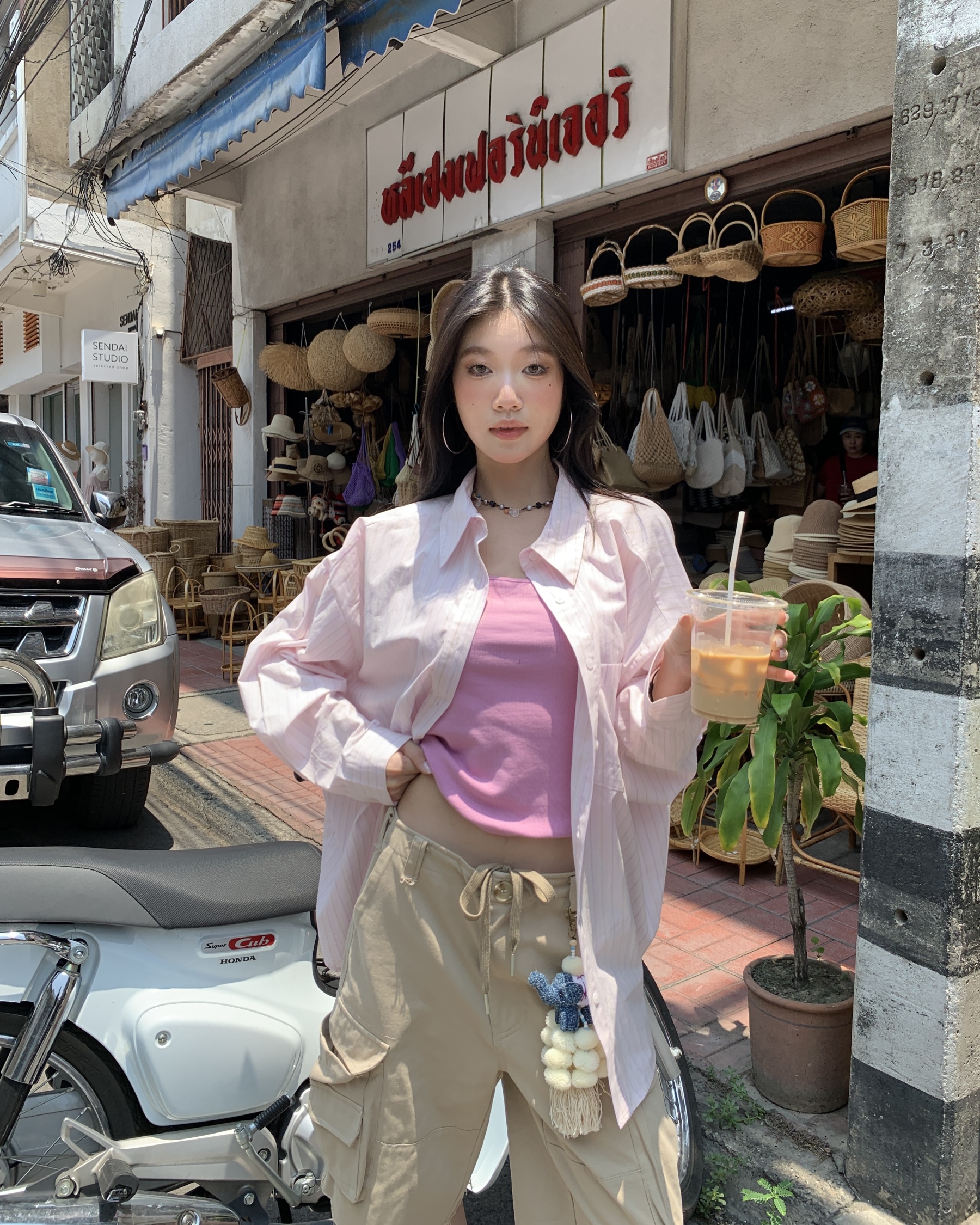 Pink striped shirt, loose-fit women’s shirt sun-protective shirt for spring and autumn