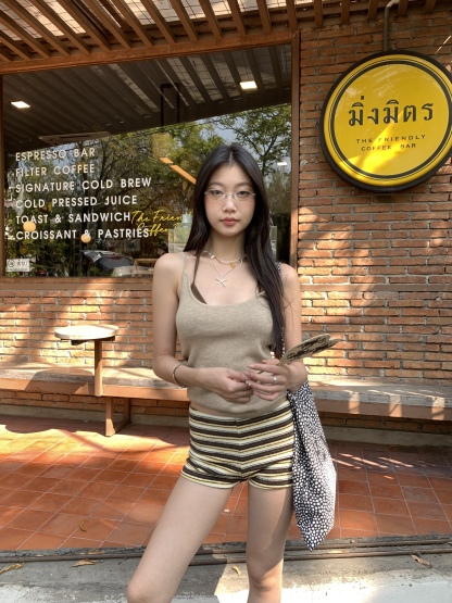 Khaki knitted camisole, slim fit design, stretchy