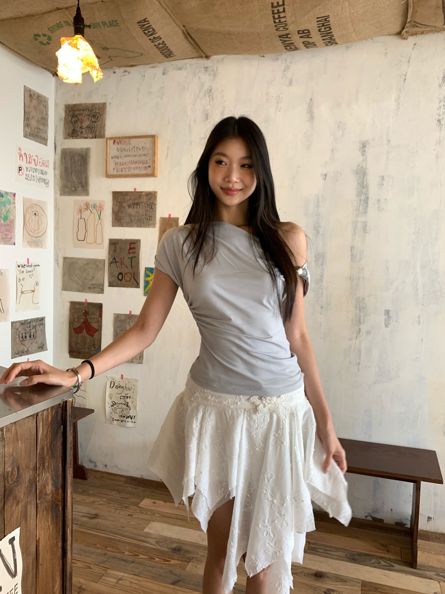 Stylish one-sleeve off-shoulder t-shirt design