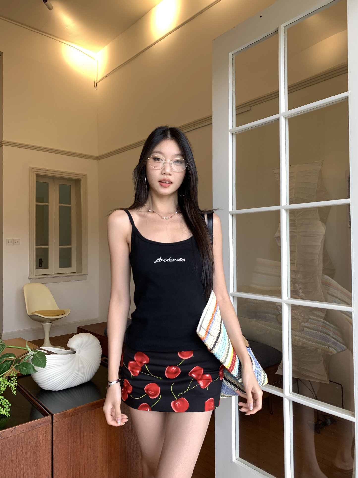 Red cherry print mini skirt, low waist style 