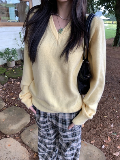 Soft yellow knitted sweater, loose style