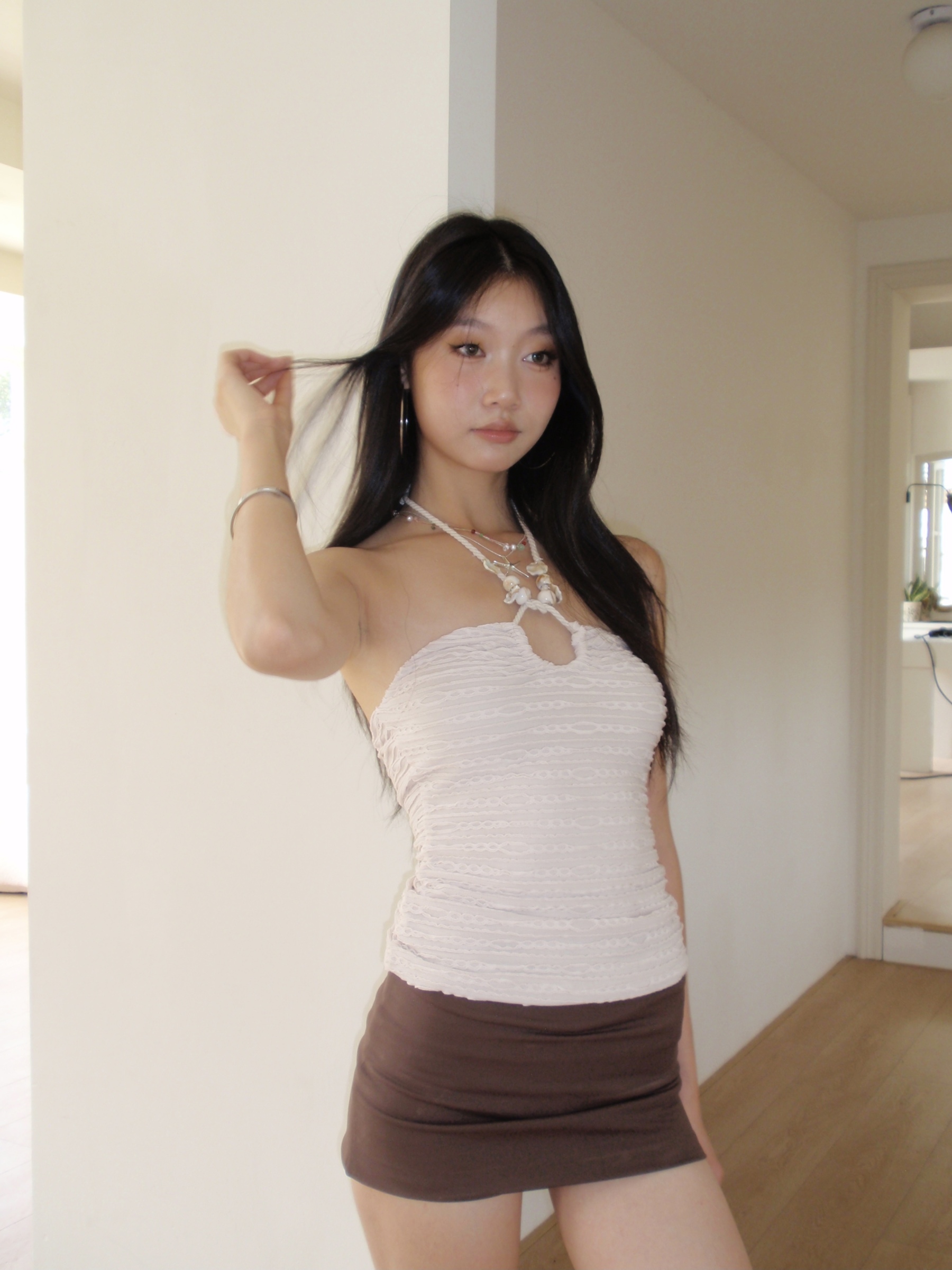 Halter neck tank top, summer beach design, handmade shell decoration, strapless style