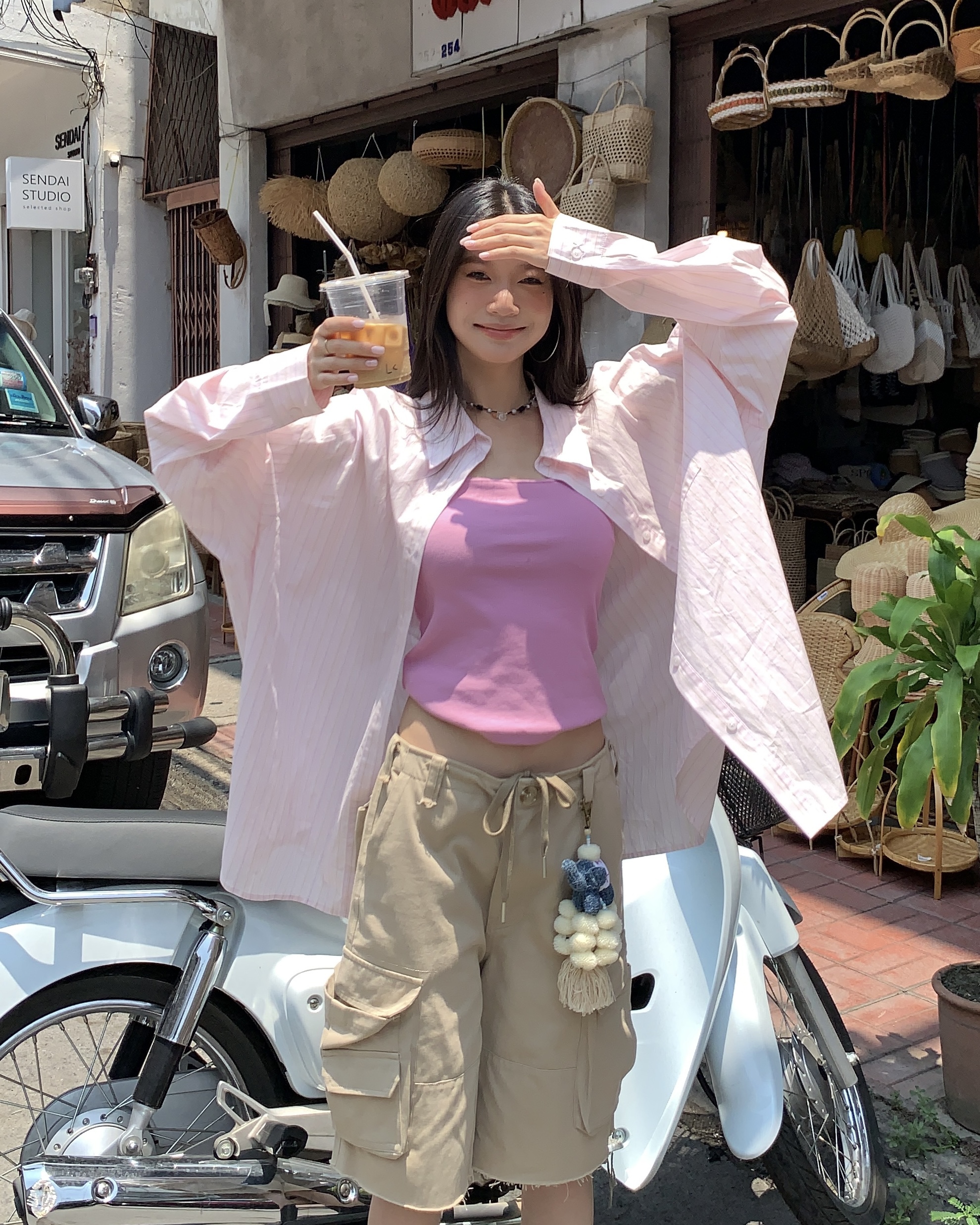 Pink striped shirt, loose-fit women’s shirt sun-protective shirt for spring and autumn