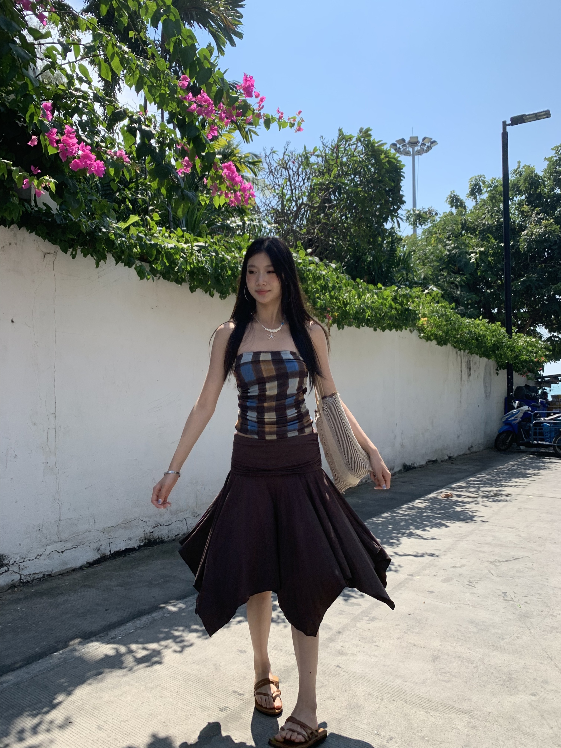 Mid-length Modal fabric half skirt, asymmetrical design, folded edges, pleated, medium length