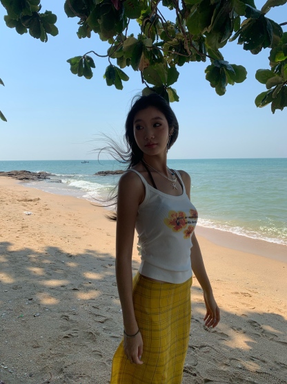 Yellow plaid skirt, straight, medium length, bright yellow plaid, summer