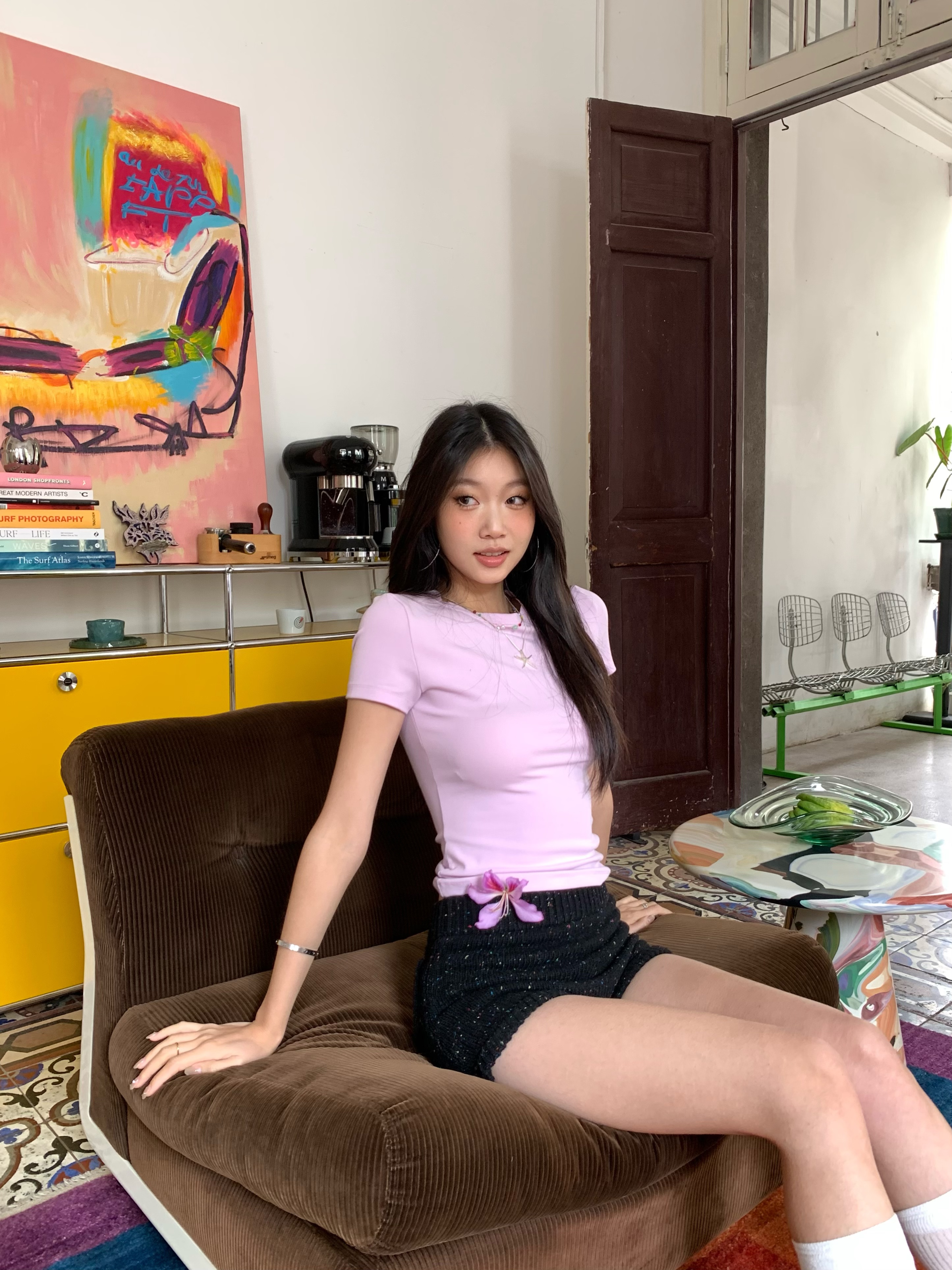 Pink-purple short-sleeved T-shirt, stretchy, slim fit