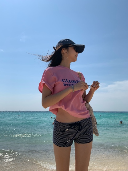 New Korean style pink letter print short-sleeved T-shirt, casual loose, easy to match