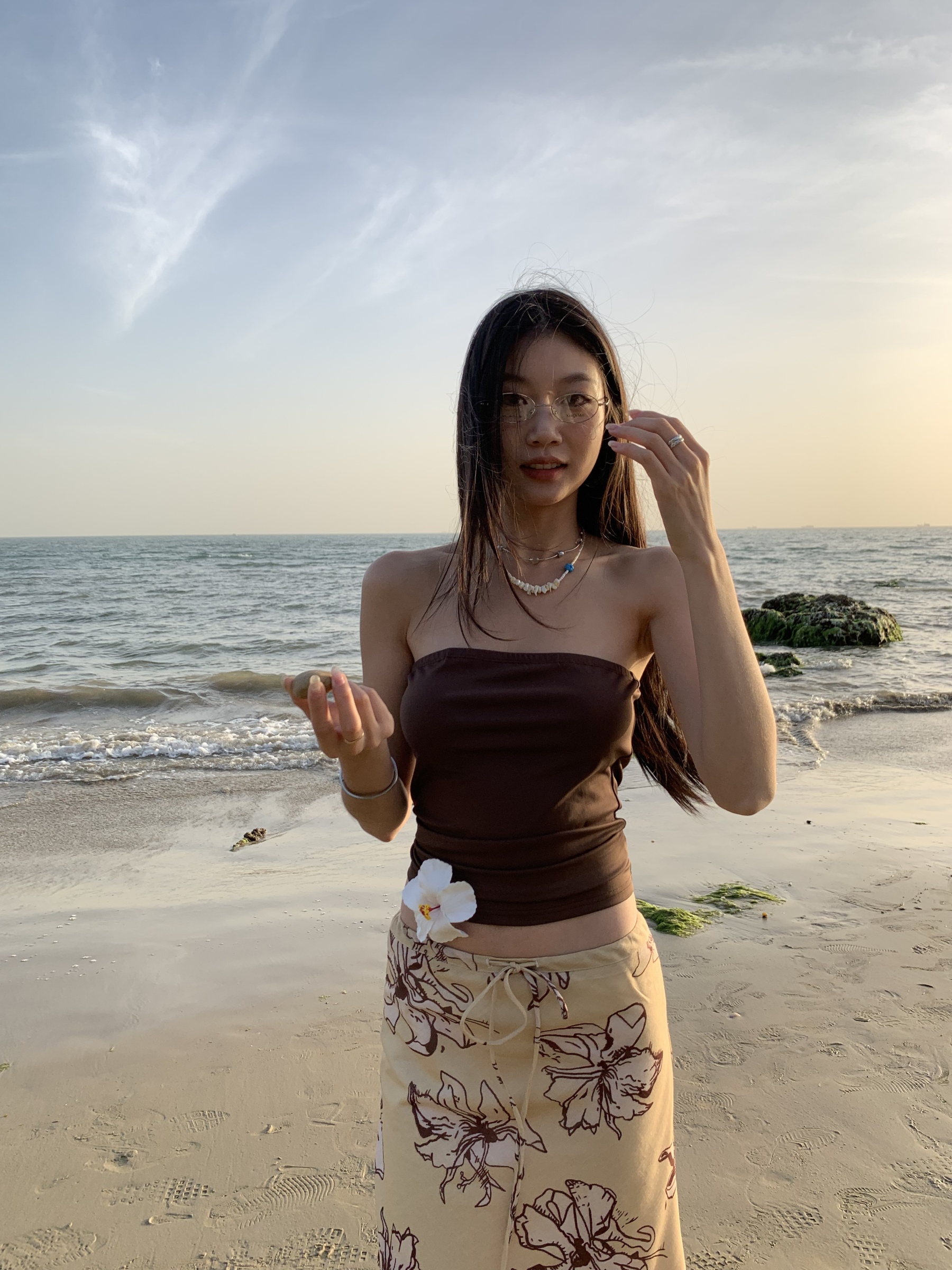 A-line long skirt with drawstring, chic floral pattern